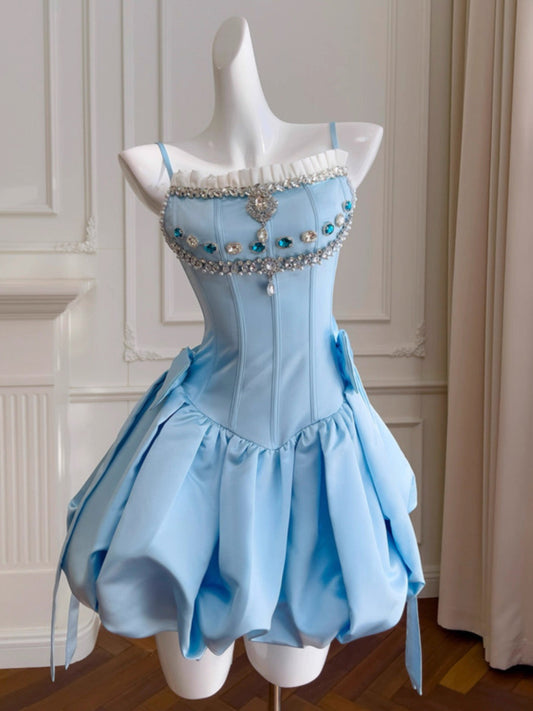 Vestido de fiesta corto con tirantes finos de satén azul, vestido formal para fiesta de bienvenida, para graduación, cumpleaños de 20 años, cóctel, DH2207