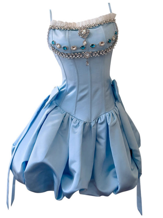 Vestido de fiesta corto con tirantes finos de satén azul, vestido formal para fiesta de bienvenida, para graduación, cumpleaños de 20 años, cóctel, DH2207
