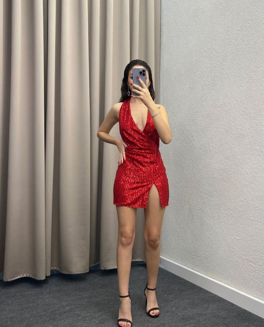 Lindo vestido corto de fiesta con cuello halter y lentejuelas rojas para octavo grado, vestido de verano para escuela secundaria, traje de fiesta DH221