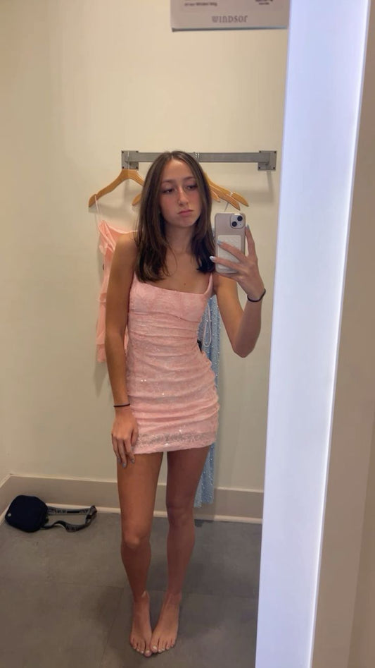 Hermosos vestidos cortos de fiesta formales con escote cuadrado y lentejuelas rosas para la escuela secundaria, vestidos cortos para el 21.º cumpleaños, vestidos de graduación, mini vestidos de cóctel DH2218