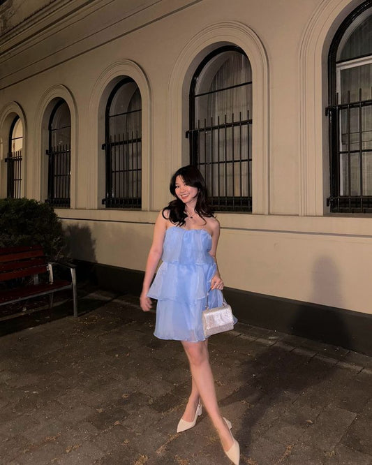 Vestido azul corto de fiesta, corte A, sin tirantes, para graduación, cóctel, para estudiantes de secundaria, DH2219