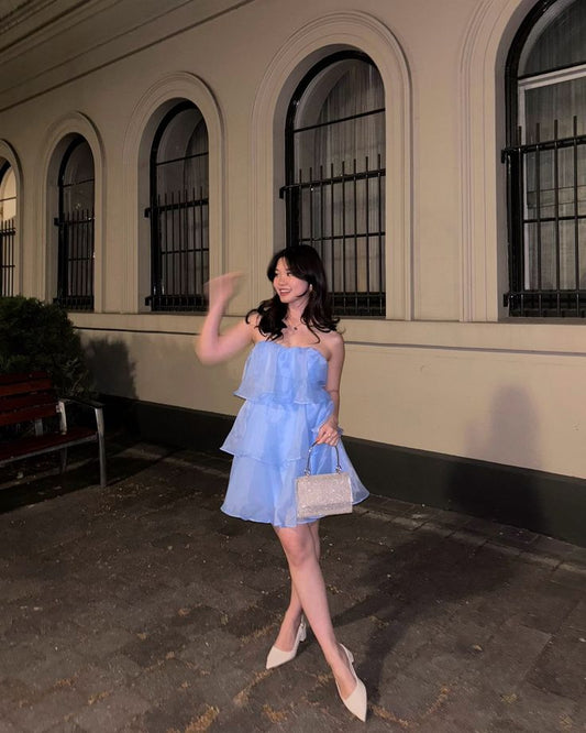Vestido azul corto de fiesta, corte A, sin tirantes, para graduación, cóctel, para estudiantes de secundaria, DH2219