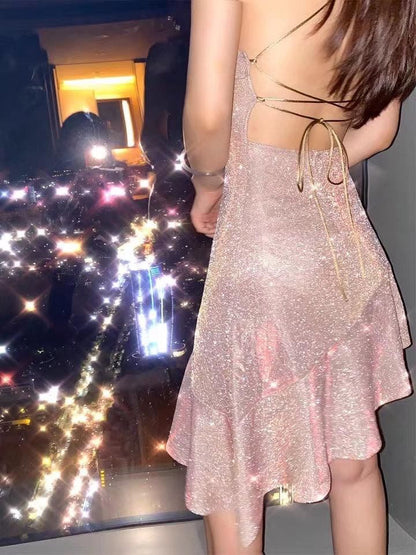 Vestido corto de fiesta con lentejuelas, sin espalda, para graduación, cóctel, para estudiantes de secundaria, DH2222