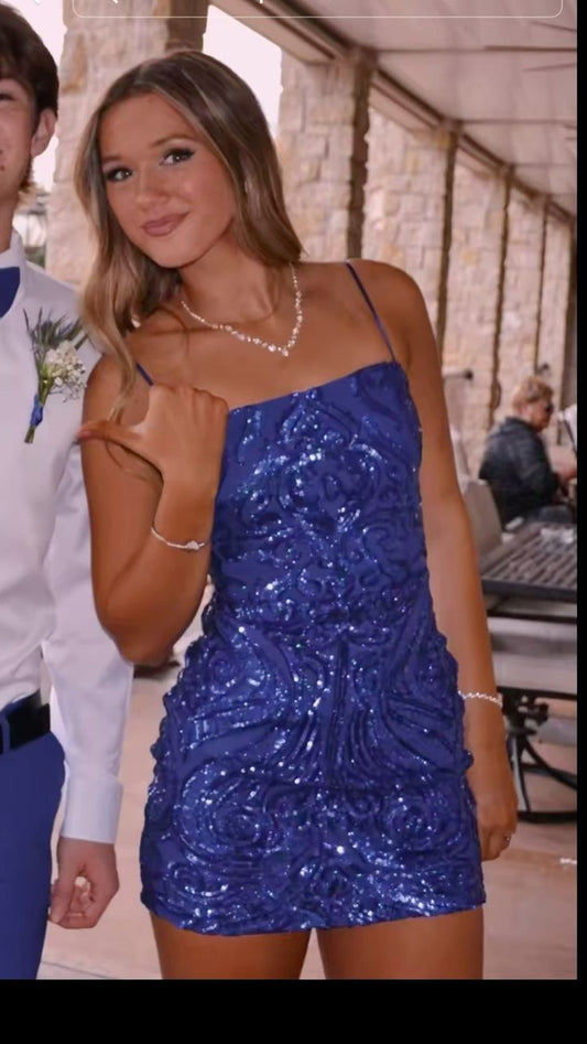 Vestido corto azul rey con tirantes finos y lentejuelas, vestido de fiesta formal para estudiantes de secundaria, para 16.º cumpleaños, vestido de graduación, vestido de cóctel DH2226