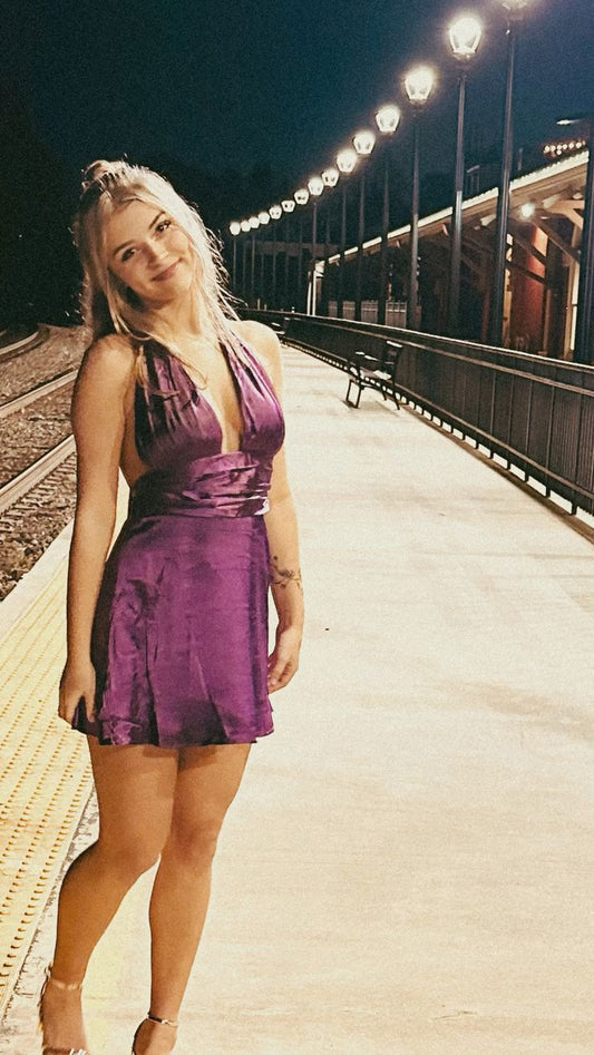 Vestido corto de satén color uva, estilo halter, sexy, para fiesta de bienvenida, para estudiantes de secundaria, para cumpleaños número 16, para graduación, cóctel, DH2229