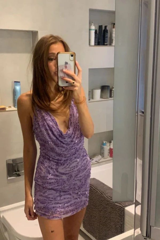 Vestido corto de fiesta con cuello halter y lentejuelas color uva, sexy, para graduación, cóctel, para estudiantes de secundaria, DH2230
