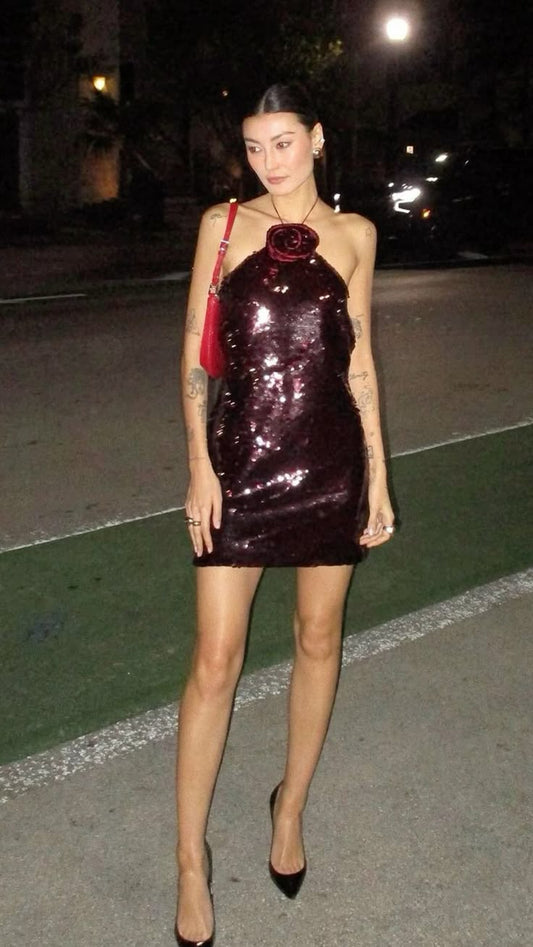 Vestido corto de fiesta con cuello halter y lentejuelas color burdeos, sexy, para graduación, cóctel, para estudiantes de secundaria, DH2232