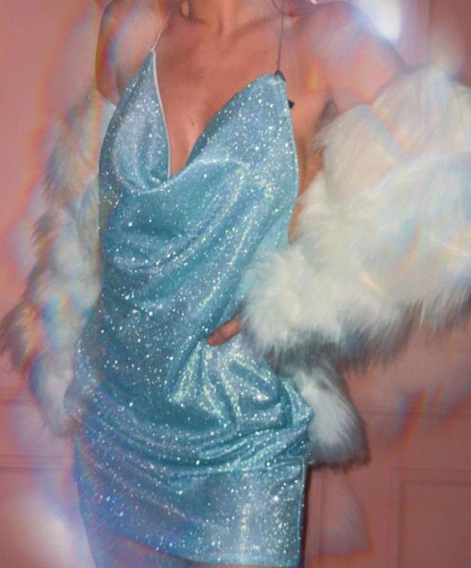 Vestido azul corto de fiesta, con escote halter y lentejuelas, para graduación, cóctel, graduación, DH2238