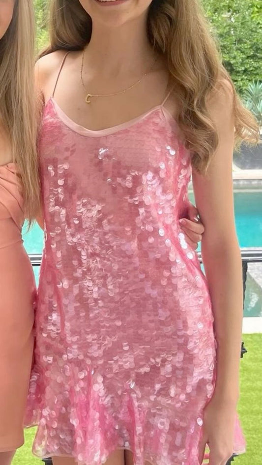 Hermosos vestidos de fiesta cortos con tirantes finos en forma de A y lentejuelas rosas, para la escuela secundaria, para el 21.º cumpleaños, para graduación, minivestidos de cóctel DH2240