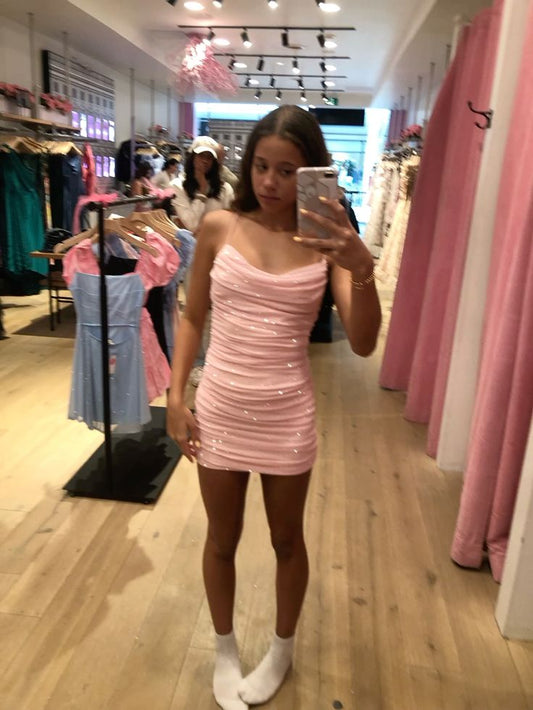 Vestido corto de fiesta formal con tirantes finos y lentejuelas en rosa ruborizado, para graduación, cóctel, DH2247