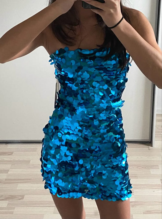 Hermoso vestido corto azul rey con lentejuelas, sin tirantes, para fiesta de bienvenida, para estudiantes de secundaria, para cumpleaños número 21, vestido de graduación, minivestido de cóctel DH2250