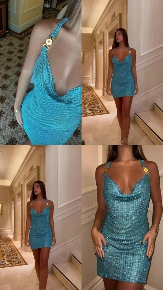 Vestido corto azul con lentejuelas y escote halter, sencillo, para fiesta de bienvenida, graduación, cóctel, DH2254
