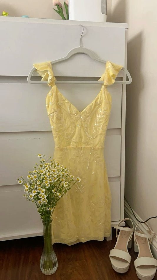 Hermosos vestidos de fiesta formales de lentejuelas amarillas con escote en V y corte A, vestidos cortos para el 21.º cumpleaños, vestidos de graduación, mini vestidos de cóctel DH2270