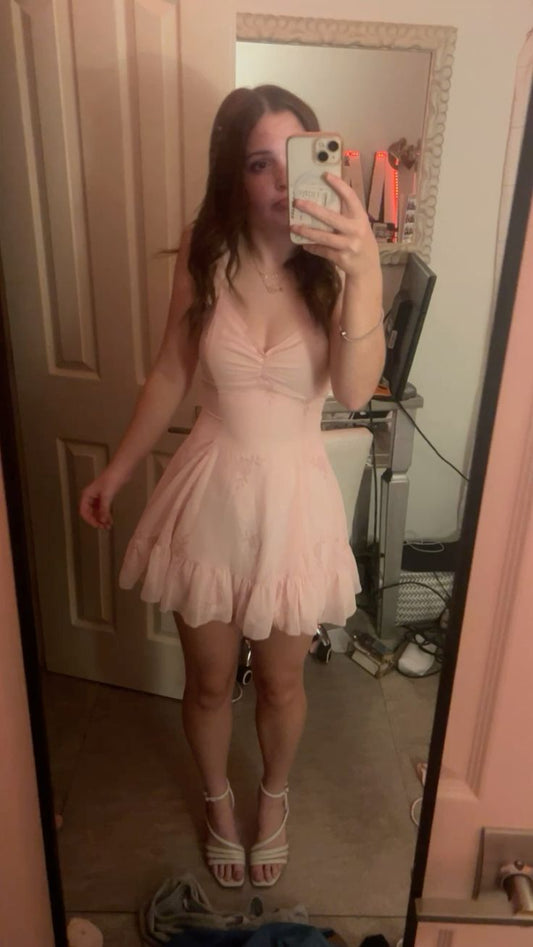 Vestido rosa corto de fiesta con tirantes finos, corte A, para graduación, cóctel, para estudiantes de secundaria, DH2276