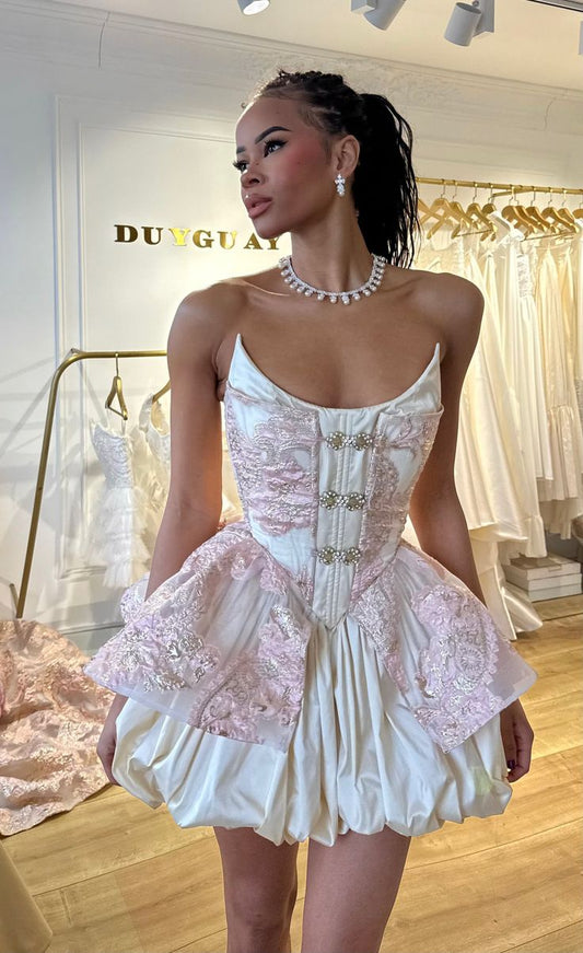 Hermoso vestido de fiesta sin tirantes con flores rosas, vestidos formales para el regreso a casa, vestidos cortos para el 21.º cumpleaños, vestido de graduación, mini vestidos de cóctel DH2287
