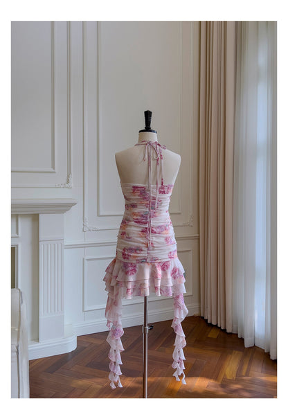 Hermosos vestidos cortos de fiesta formales de gasa rosa con cuello halter y estampado floral para la escuela secundaria, vestidos cortos para el 21.º cumpleaños, vestidos de graduación, mini vestidos de cóctel DH2289