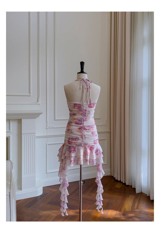 Hermosos vestidos cortos de fiesta formales de gasa rosa con cuello halter y estampado floral para la escuela secundaria, vestidos cortos para el 21.º cumpleaños, vestidos de graduación, mini vestidos de cóctel DH2289