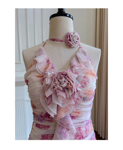 Hermosos vestidos cortos de fiesta formales de gasa rosa con cuello halter y estampado floral para la escuela secundaria, vestidos cortos para el 21.º cumpleaños, vestidos de graduación, mini vestidos de cóctel DH2289