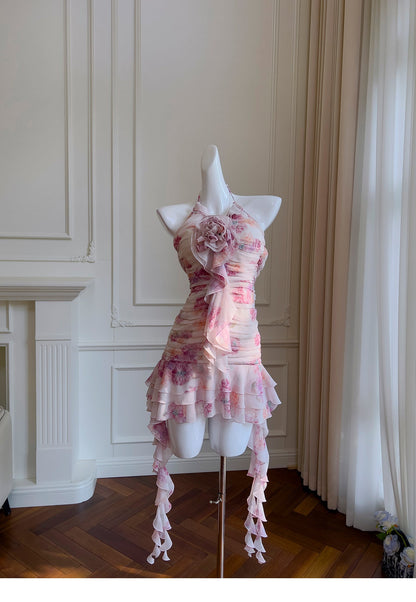 Hermosos vestidos cortos de fiesta formales de gasa rosa con cuello halter y estampado floral para la escuela secundaria, vestidos cortos para el 21.º cumpleaños, vestidos de graduación, mini vestidos de cóctel DH2289