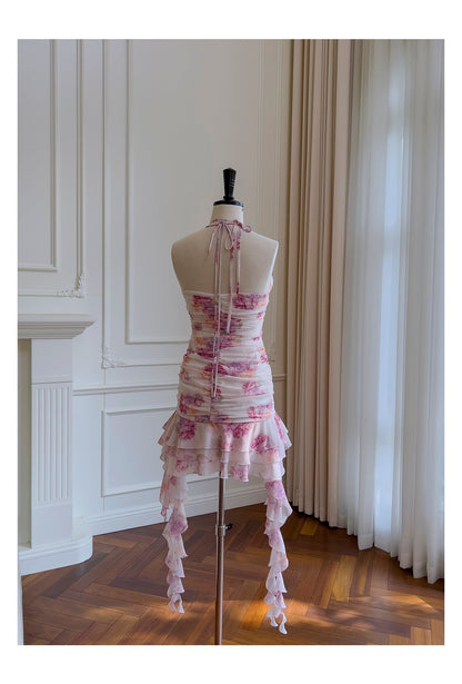 Hermosos vestidos cortos de fiesta formales de gasa rosa con cuello halter y estampado floral para la escuela secundaria, vestidos cortos para el 21.º cumpleaños, vestidos de graduación, mini vestidos de cóctel DH2289