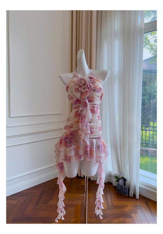Hermosos vestidos cortos de fiesta formales de gasa rosa con cuello halter y estampado floral para la escuela secundaria, vestidos cortos para el 21.º cumpleaños, vestidos de graduación, mini vestidos de cóctel DH2289