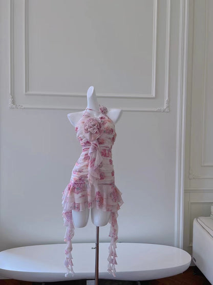 Hermosos vestidos cortos de fiesta formales de gasa rosa con cuello halter y estampado floral para la escuela secundaria, vestidos cortos para el 21.º cumpleaños, vestidos de graduación, mini vestidos de cóctel DH2289