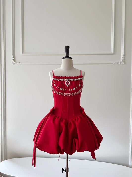 Vestido de fiesta modesto con tirantes finos, satén rojo, corto, formal, para regreso a casa, para estudiantes de secundaria, para cumpleaños número 18, vestido de graduación, vestido de cóctel DH2291