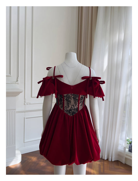 Vestido de fiesta estético de terciopelo burdeos, corto, minivestido con plumas, vestido formal para fiesta de bienvenida, vestido de cóctel, vestido de graduación, minivestido DH2294