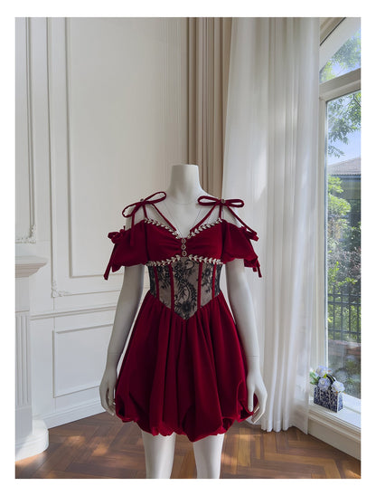 Vestido de fiesta estético de terciopelo burdeos, corto, minivestido con plumas, vestido formal para fiesta de bienvenida, vestido de cóctel, vestido de graduación, minivestido DH2294