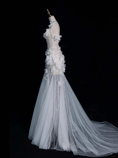 Vestido de novia único de corte sirena con tirantes finos, encaje blanco, sin mangas, largo, DH2297