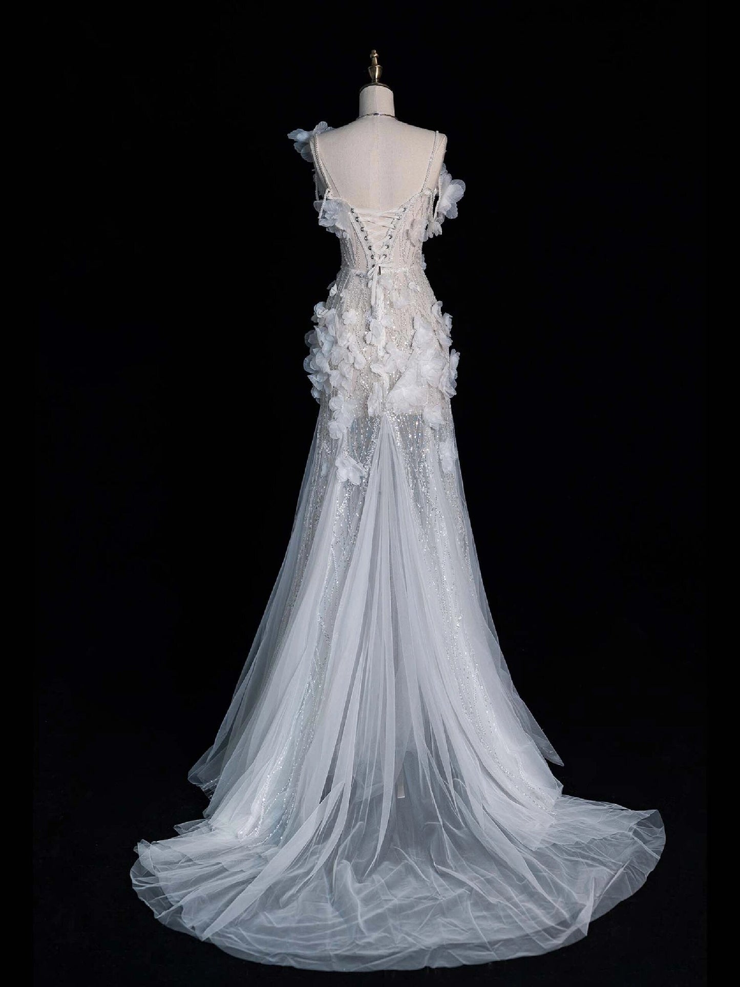 Vestido de novia único de corte sirena con tirantes finos, encaje blanco, sin mangas, largo, DH2297
