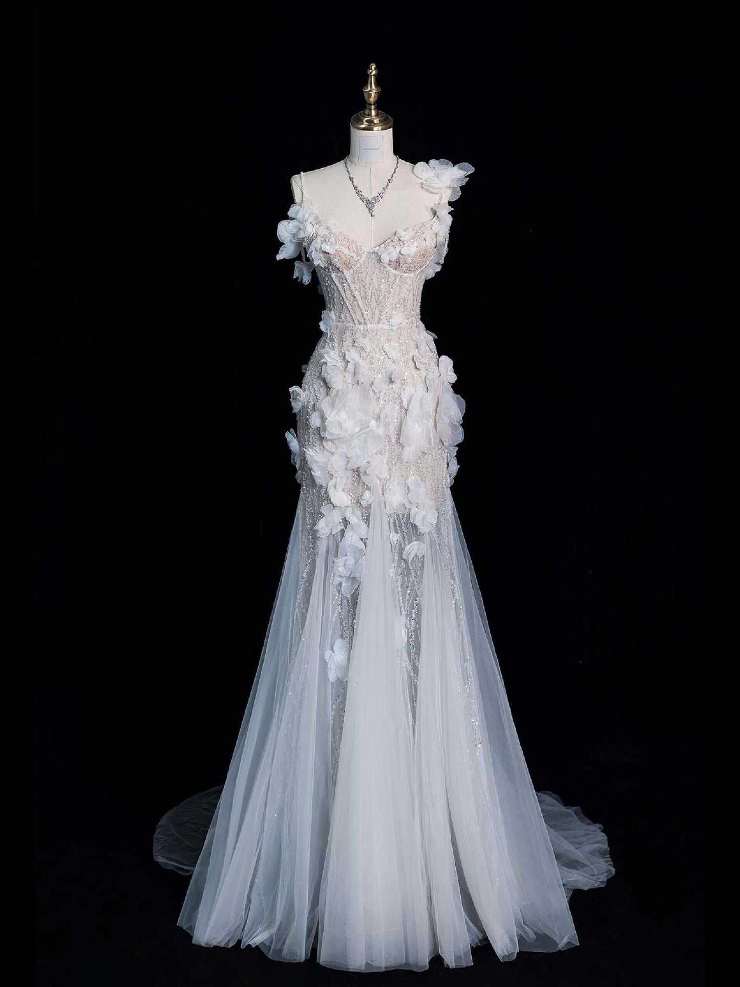 Vestido de novia único de corte sirena con tirantes finos, encaje blanco, sin mangas, largo, DH2297