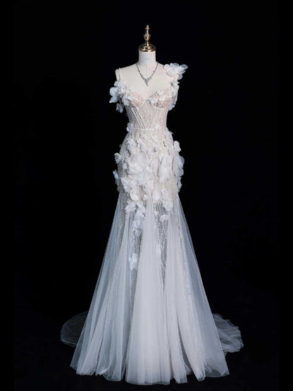 Vestido de novia único de corte sirena con tirantes finos, encaje blanco, sin mangas, largo, DH2297