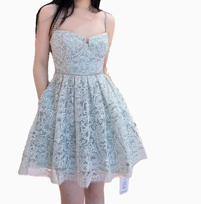 Vestidos de fiesta cortos de encaje gris con tirantes finos, corte A, para graduación, cóctel, para estudiantes de secundaria, DH2298