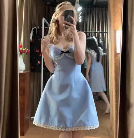 Vestidos cortos de fiesta formales de encaje azul con tirantes finos y corte en A para la escuela secundaria, vestidos cortos para el 21.º cumpleaños, vestidos de graduación, mini vestidos de cóctel DH2299