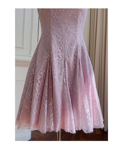 Vestidos cortos de fiesta formales de encaje rosa con tirantes finos y corte en A para la escuela secundaria, vestidos cortos para el 21.º cumpleaños, vestidos de graduación, mini vestidos de cóctel DH2302