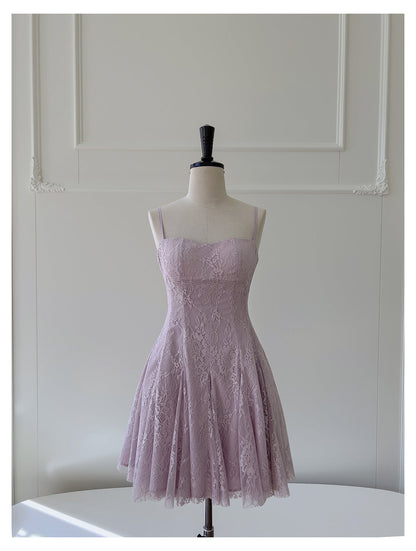 Vestidos cortos de fiesta formales de encaje rosa con tirantes finos y corte en A para la escuela secundaria, vestidos cortos para el 21.º cumpleaños, vestidos de graduación, mini vestidos de cóctel DH2302