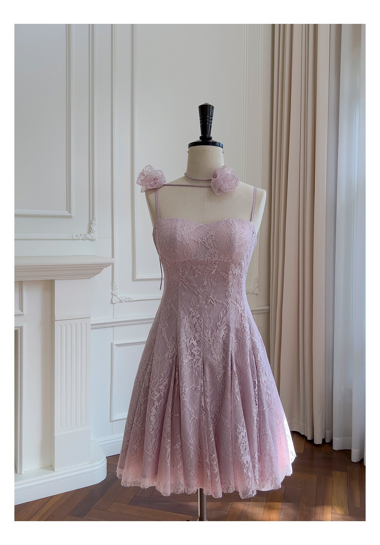 Vestidos cortos de fiesta formales de encaje rosa con tirantes finos y corte en A para la escuela secundaria, vestidos cortos para el 21.º cumpleaños, vestidos de graduación, mini vestidos de cóctel DH2302