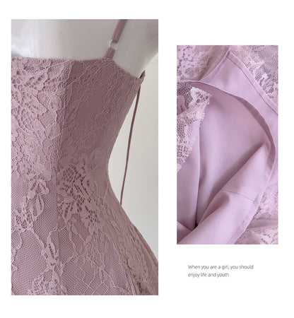 Vestidos cortos de fiesta formales de encaje rosa con tirantes finos y corte en A para la escuela secundaria, vestidos cortos para el 21.º cumpleaños, vestidos de graduación, mini vestidos de cóctel DH2302