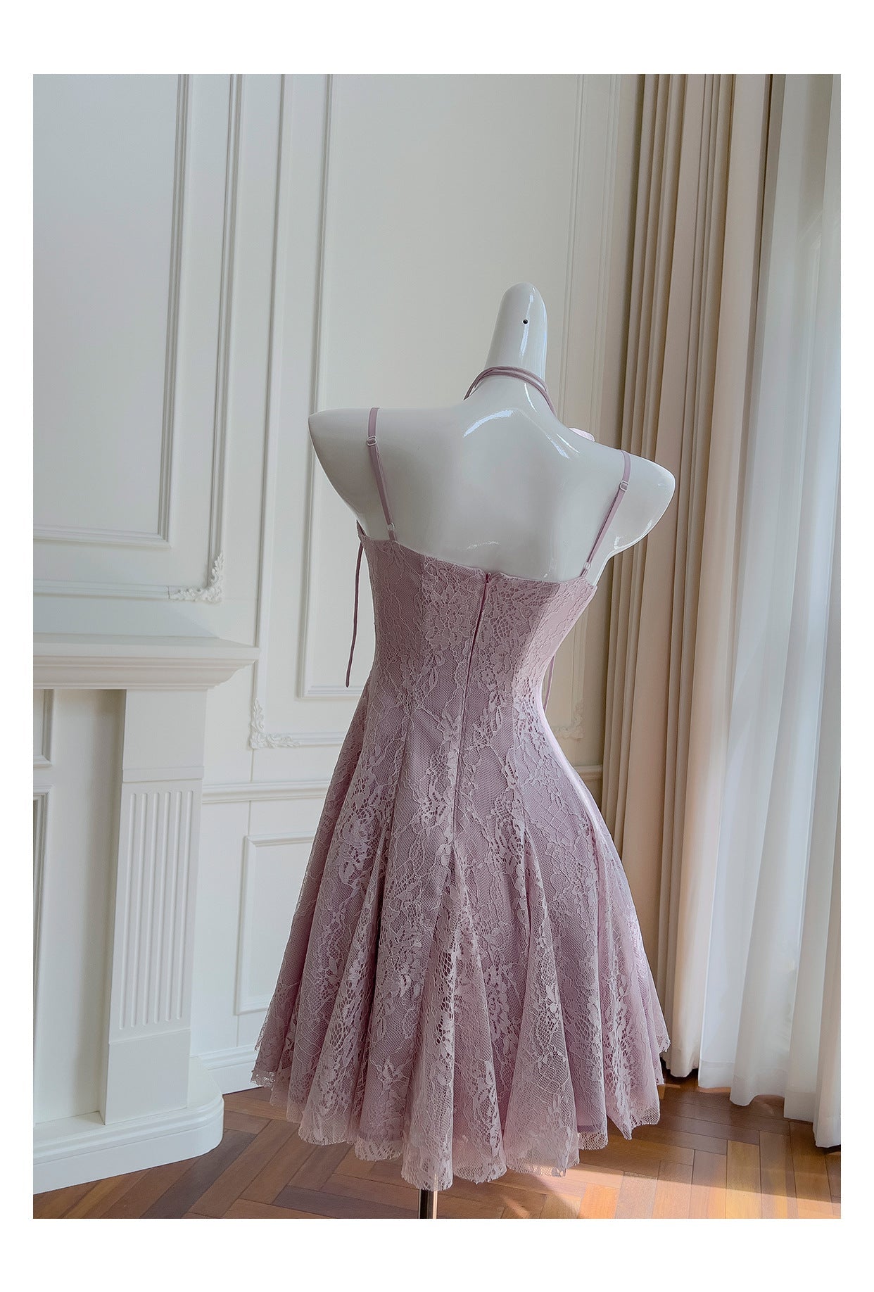 Vestidos cortos de fiesta formales de encaje rosa con tirantes finos y corte en A para la escuela secundaria, vestidos cortos para el 21.º cumpleaños, vestidos de graduación, mini vestidos de cóctel DH2302