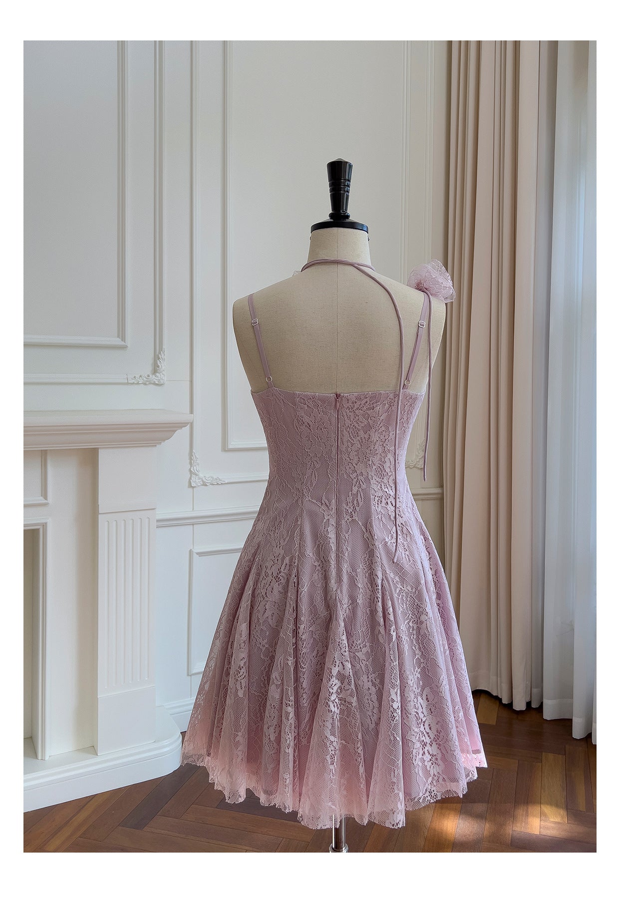 Vestidos cortos de fiesta formales de encaje rosa con tirantes finos y corte en A para la escuela secundaria, vestidos cortos para el 21.º cumpleaños, vestidos de graduación, mini vestidos de cóctel DH2303