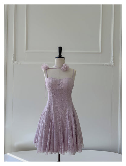 Vestidos cortos de fiesta formales de encaje rosa con tirantes finos y corte en A para la escuela secundaria, vestidos cortos para el 21.º cumpleaños, vestidos de graduación, mini vestidos de cóctel DH2303