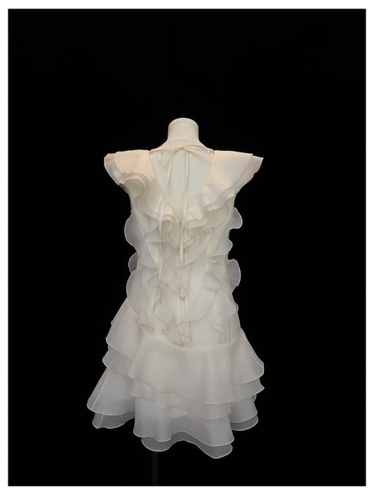 Hermosos vestidos de fiesta cortos de gasa color marfil con escote en V y corte A, para graduación, cóctel, para estudiantes de secundaria, DH2306