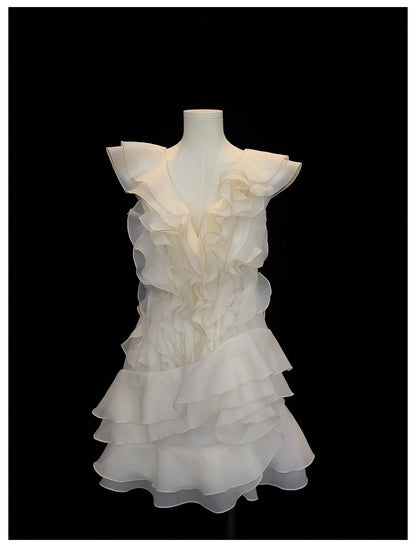Hermosos vestidos de fiesta cortos de gasa color marfil con escote en V y corte A, para graduación, cóctel, para estudiantes de secundaria, DH2306