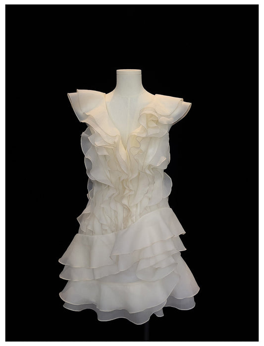 Hermosos vestidos de fiesta cortos de gasa color marfil con escote en V y corte A, para graduación, cóctel, para estudiantes de secundaria, DH2306