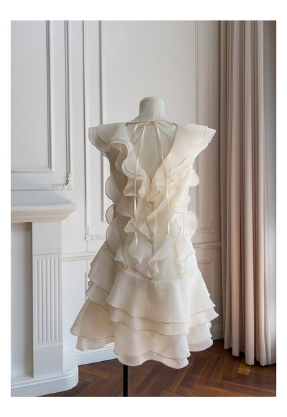 Hermosos vestidos de fiesta cortos de gasa color marfil con escote en V y corte A, para graduación, cóctel, para estudiantes de secundaria, DH2306