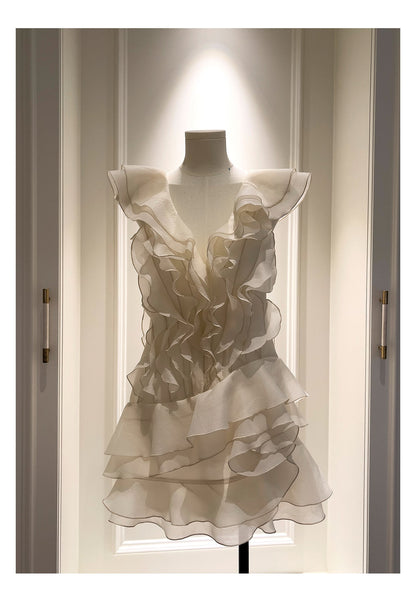 Hermosos vestidos de fiesta cortos de gasa color marfil con escote en V y corte A, para graduación, cóctel, para estudiantes de secundaria, DH2306