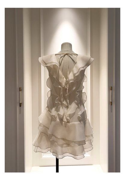 Hermosos vestidos de fiesta cortos de gasa color marfil con escote en V y corte A, para graduación, cóctel, para estudiantes de secundaria, DH2306