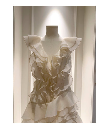 Hermosos vestidos de fiesta cortos de gasa color marfil con escote en V y corte A, para graduación, cóctel, para estudiantes de secundaria, DH2306