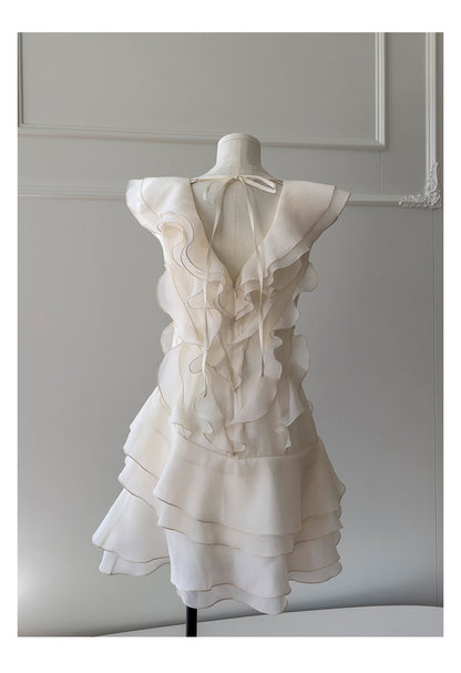 Hermosos vestidos de fiesta cortos de gasa color marfil con escote en V y corte A, para graduación, cóctel, para estudiantes de secundaria, DH2306